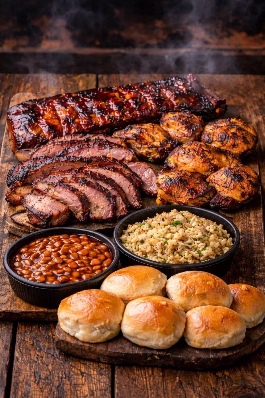 Live-fire BBQ tri-tip ribs and chicken